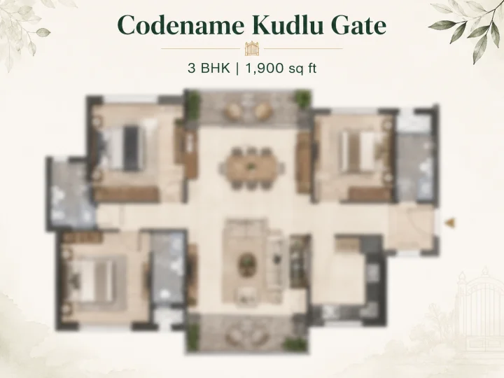 Purva Kudlu Gate 3 BHK floor plan at 1,900 sqft with bathtub primary bathroom