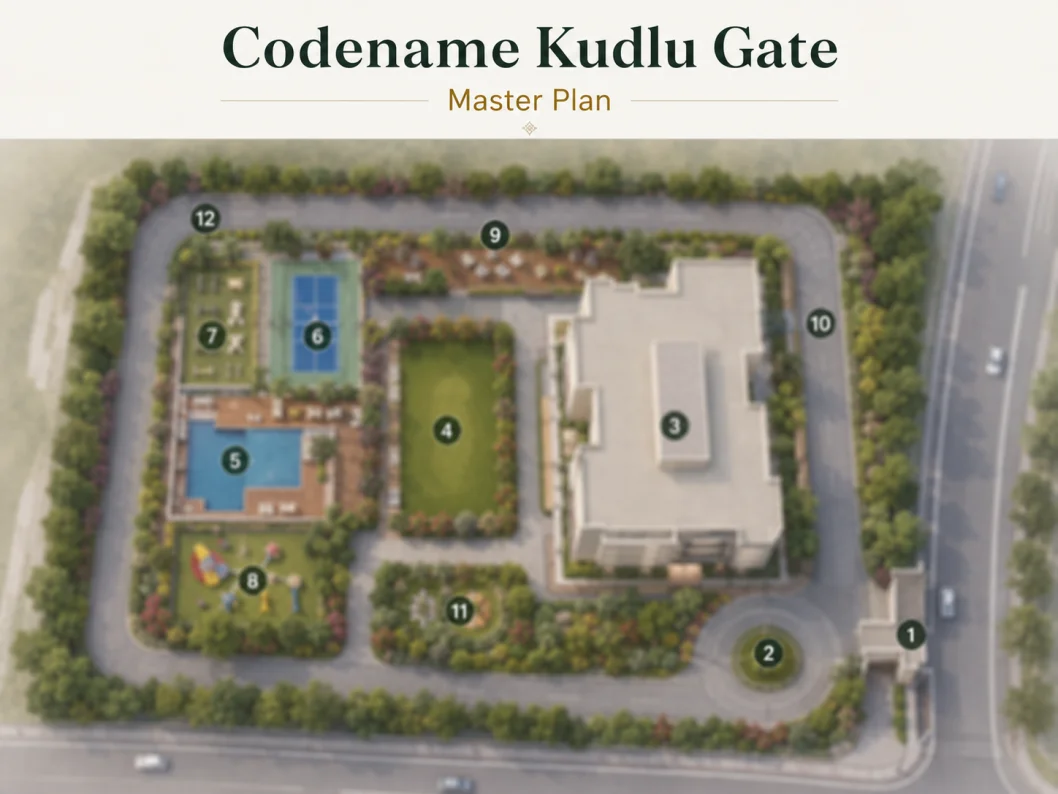Master plan visual for Purva Kudlu Gate showing single tower and open-space structure